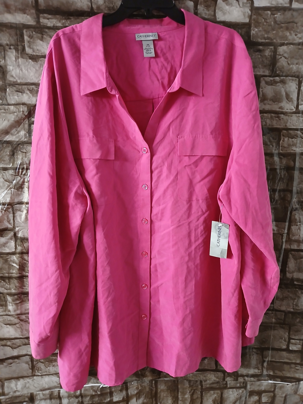 Catherines Women's Hot Pink Button-Front Long-Sleeve Blouse